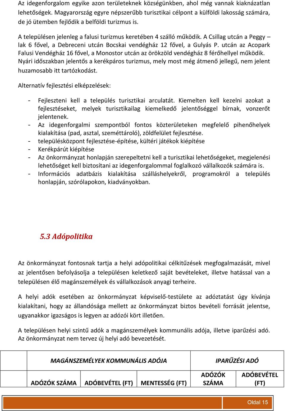 A Csillag utcán a Peggy lak 6 fővel, a Debreceni utcán Bocskai vendégház 12 fővel, a Gulyás P. utcán az Acopark Falusi Vendégház 16 fővel, a Monostor utcán az örökzöld vendégház 8 férőhellyel működik.