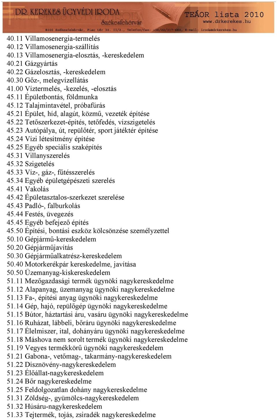 22 Tetőszerkezet-építés, tetőfedés, vízszigetelés 45.23 Autópálya, út, repülőtér, sport játéktér építése 45.24 Vízi létesítmény építése 45.25 Egyéb speciális szaképítés 45.31 Villanyszerelés 45.