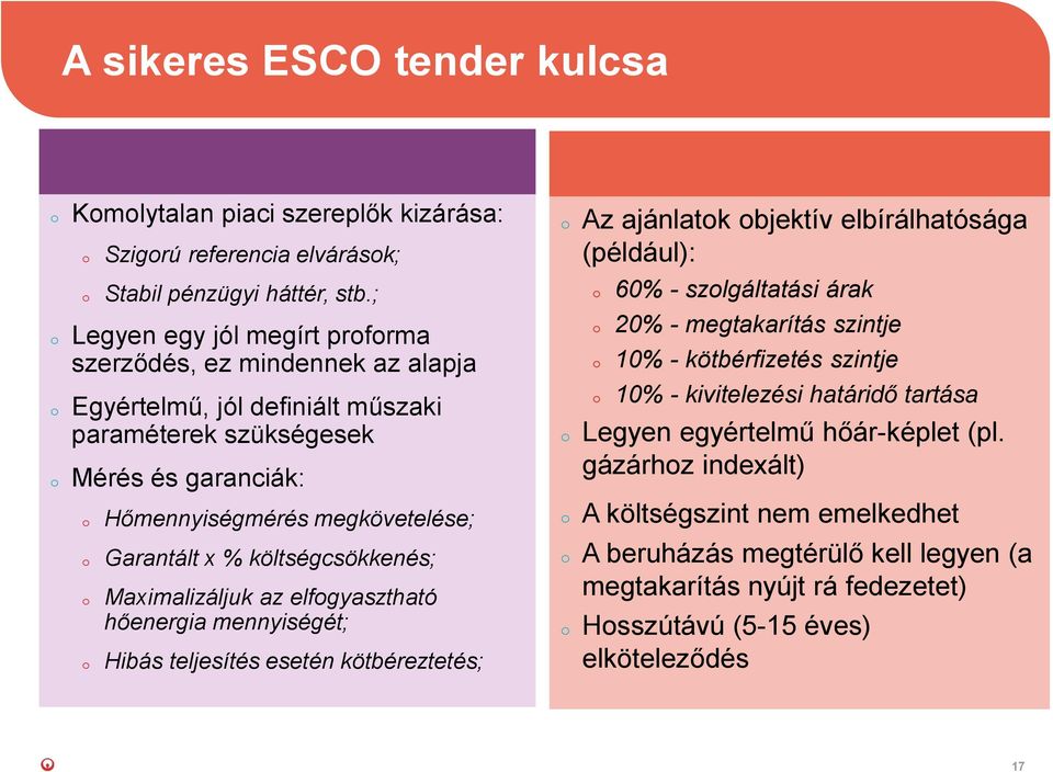 költségcsökkenés; Maximalizáljuk az elfgyasztható hőenergia mennyiségét; Hibás teljesítés esetén kötbéreztetés; Az ajánlatk bjektív elbírálhatósága (például): 60% - szlgáltatási árak 20% -