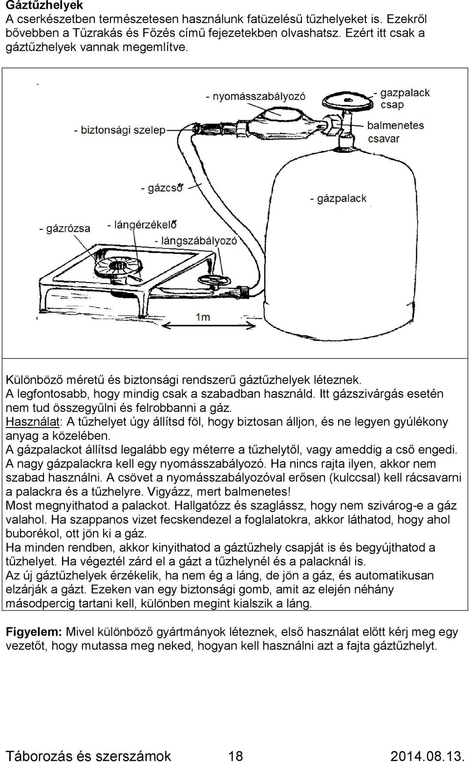 Használat: A tűzhelyet úgy állítsd föl, hogy biztosan álljon, és ne legyen gyúlékony anyag a közelében. A gázpalackot állítsd legalább egy méterre a tűzhelytől, vagy ameddig a cső engedi.