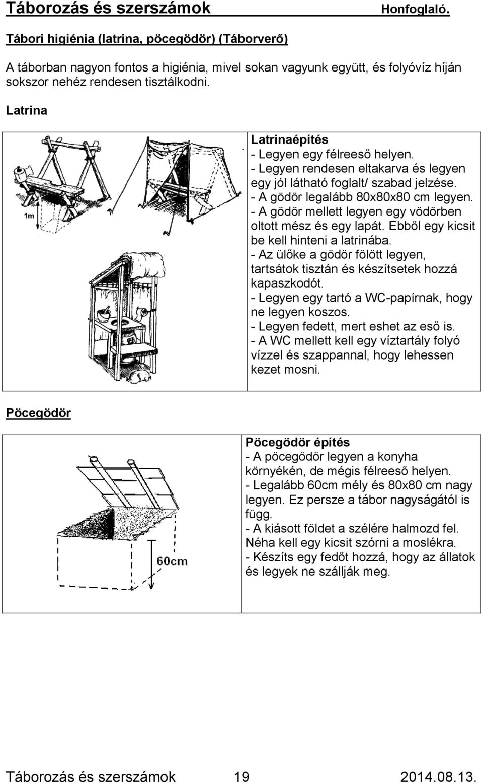 Latrina Latrinaépítés - Legyen egy félreeső helyen. - Legyen rendesen eltakarva és legyen egy jól látható foglalt/ szabad jelzése. - A gödör legalább 80x80x80 cm legyen.