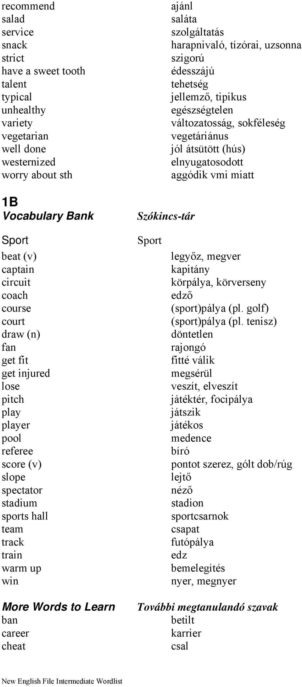 captain circuit coach course court draw (n) fan get fit get injured lose pitch play player pool referee score (v) slope spectator stadium sports hall team track train warm up win Sport legyőz, megver