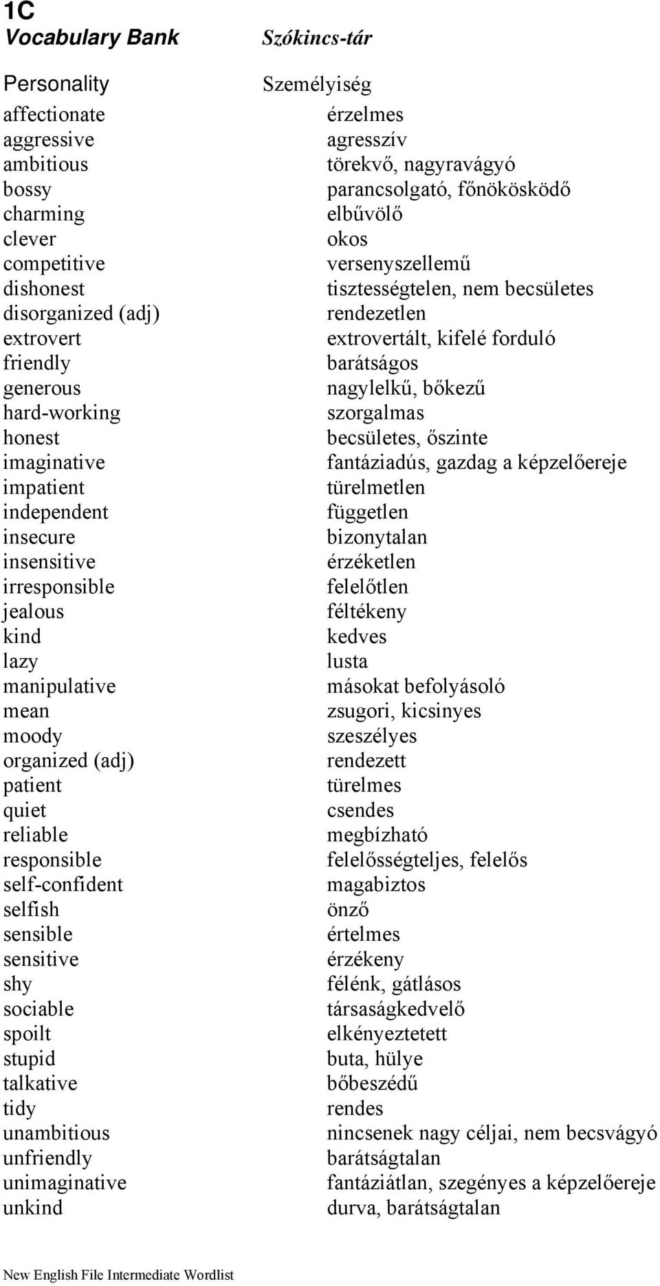 spoilt stupid talkative tidy unambitious unfriendly unimaginative unkind Szókincs-tár Személyiség érzelmes agresszív törekvő, nagyravágyó parancsolgató, főnökösködő elbűvölő okos versenyszellemű