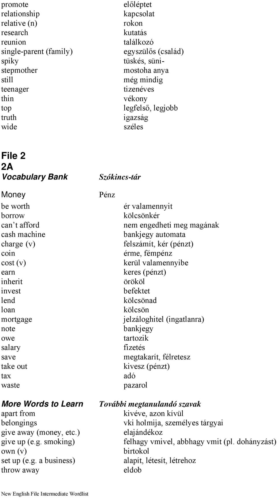 inherit invest lend loan mortgage note owe salary save take out tax waste Pénz ér valamennyit kölcsönkér nem engedheti meg magának bankjegy automata felszámít, kér (pénzt) érme, fémpénz kerül