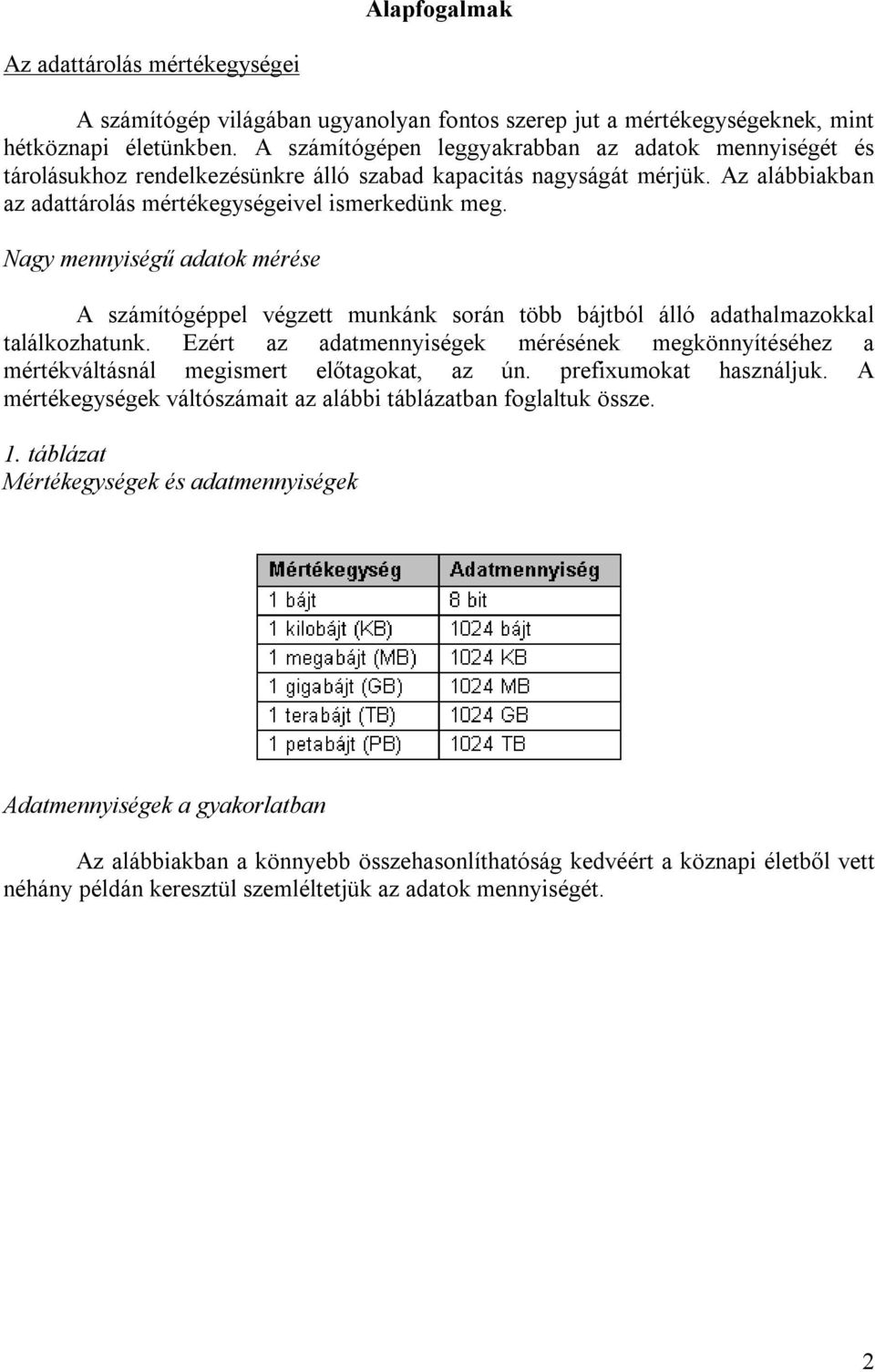 Nagy mennyiségű adatok mérése A számítógéppel végzett munkánk során több bájtból álló adathalmazokkal találkozhatunk.