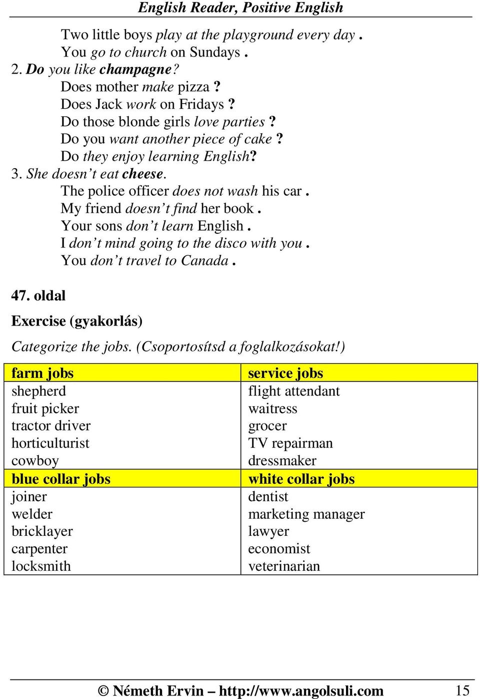 I don t mind going to the disco with you. You don t travel to Canada. 47. oldal Exercise (gyakorlás) Categorize the jobs. (Csoportosítsd a foglalkozásokat!