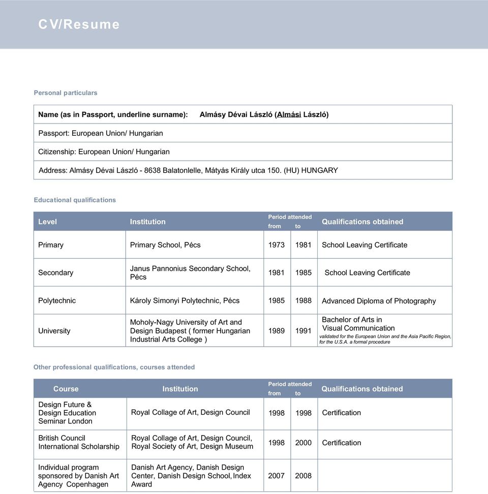 (HU) HUNGARY Educational qualifications Level Institution Period attended from to Qualifications obtained Primary Primary School, Pécs 1973 1981 School Leaving Certificate Secondary Janus Pannonius
