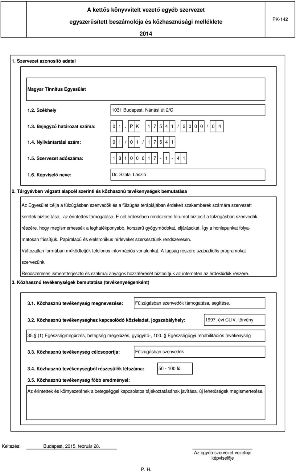 Tárgyévben végzett alapcél szerinti és közhasznú tevékenységek bemutatása Az Egyesület célja a fülzúgásban szenvedők és a fülzúgás terápiájában érdekelt szakemberek számára szervezett keretek