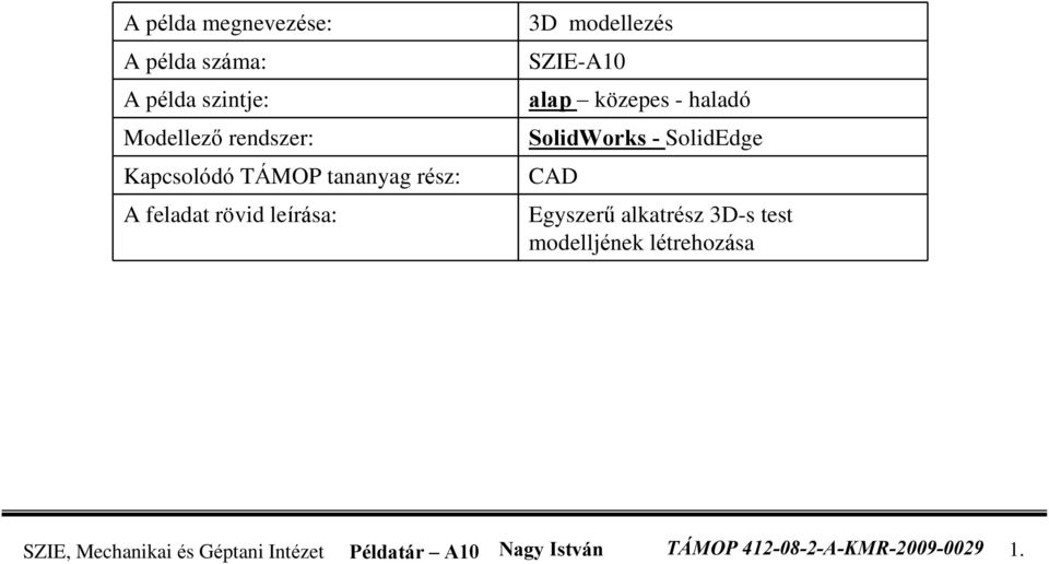 haladó SolidWorks - SolidEdge CAD Egyszerû alkatrész 3D-s test modelljének létrehozása