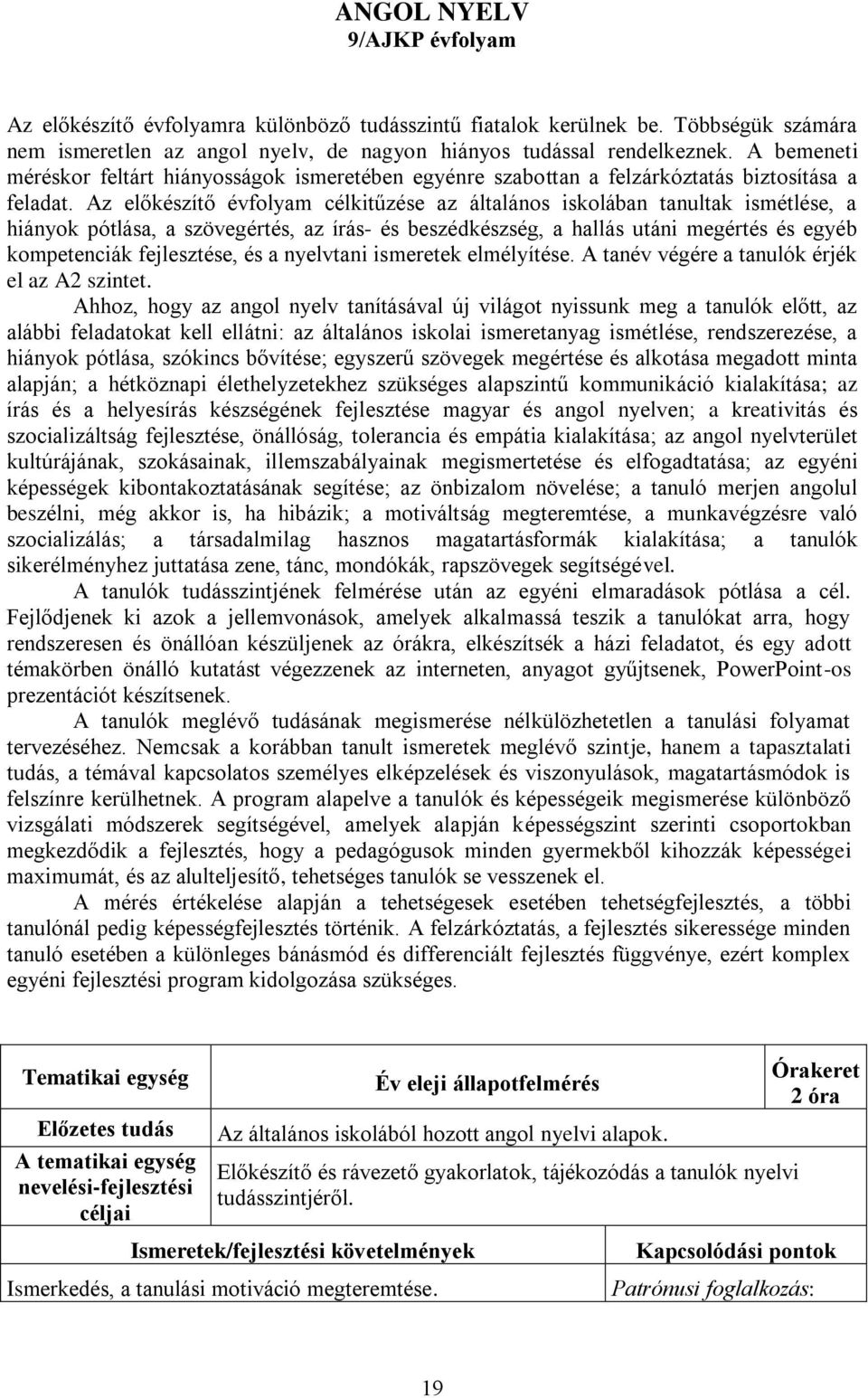 Az előkészítő évfolyam célkitűzése az általános iskolában tanultak ismétlése, a hiányok pótlása, a szövegértés, az írás- és beszédkészség, a hallás utáni megértés és egyéb kompetenciák fejlesztése,