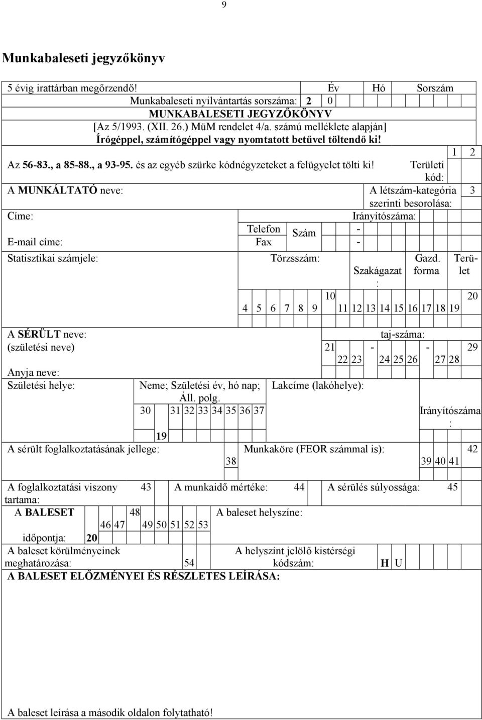 Területi kód: A MUNKÁLTATÓ neve: A létszám-kategória 3 szerinti besorolása: Címe: Irányítószáma: Telefon Szám - E-mail címe: Fax - Statisztikai számjele: Törzsszám: 4 5 6 7 8 9 A SÉRÜLT neve: