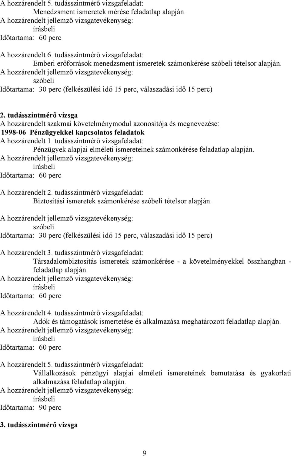 tudásszintmérő vizsga A hozzárendelt szakmai követelménymodul és : 1998-06 Pénzügyekkel kapcsolatos feladatok A hozzárendelt 1.