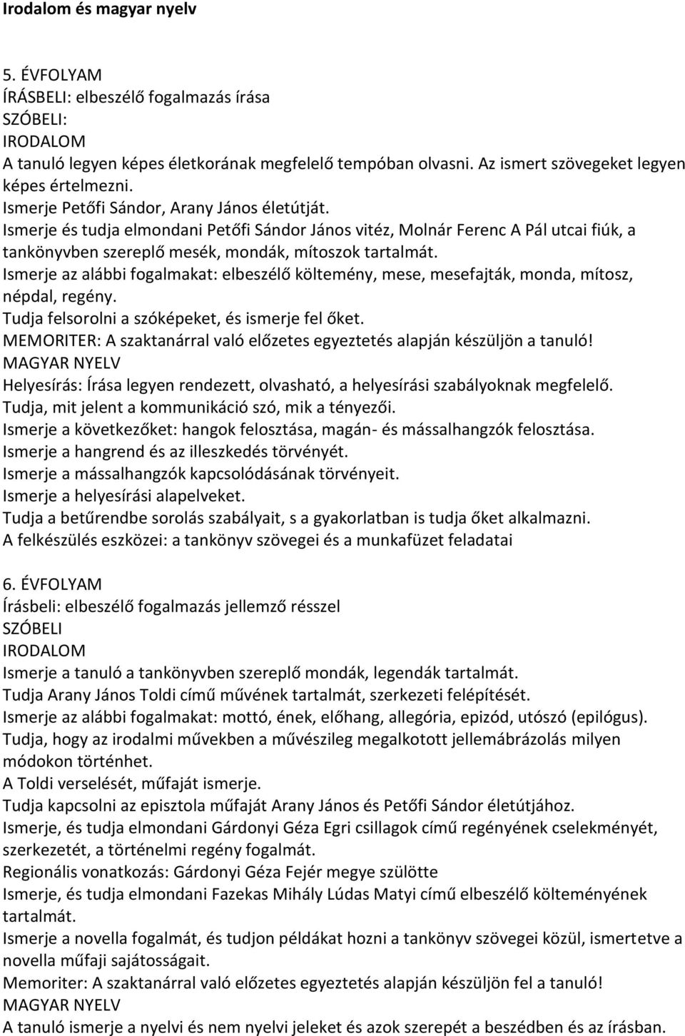 Ismerje az alábbi fogalmakat: elbeszélő költemény, mese, mesefajták, monda, mítosz, népdal, regény. Tudja felsorolni a szóképeket, és ismerje fel őket.