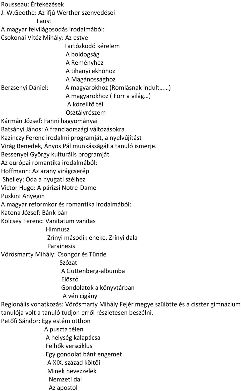 Dániel: A magyarokhoz (Romlásnak indult ) A magyarokhoz ( Forr a világ ) A közelítő tél Osztályrészem Kármán József: Fanni hagyományai Batsányi János: A franciaországi változásokra Kazinczy Ferenc