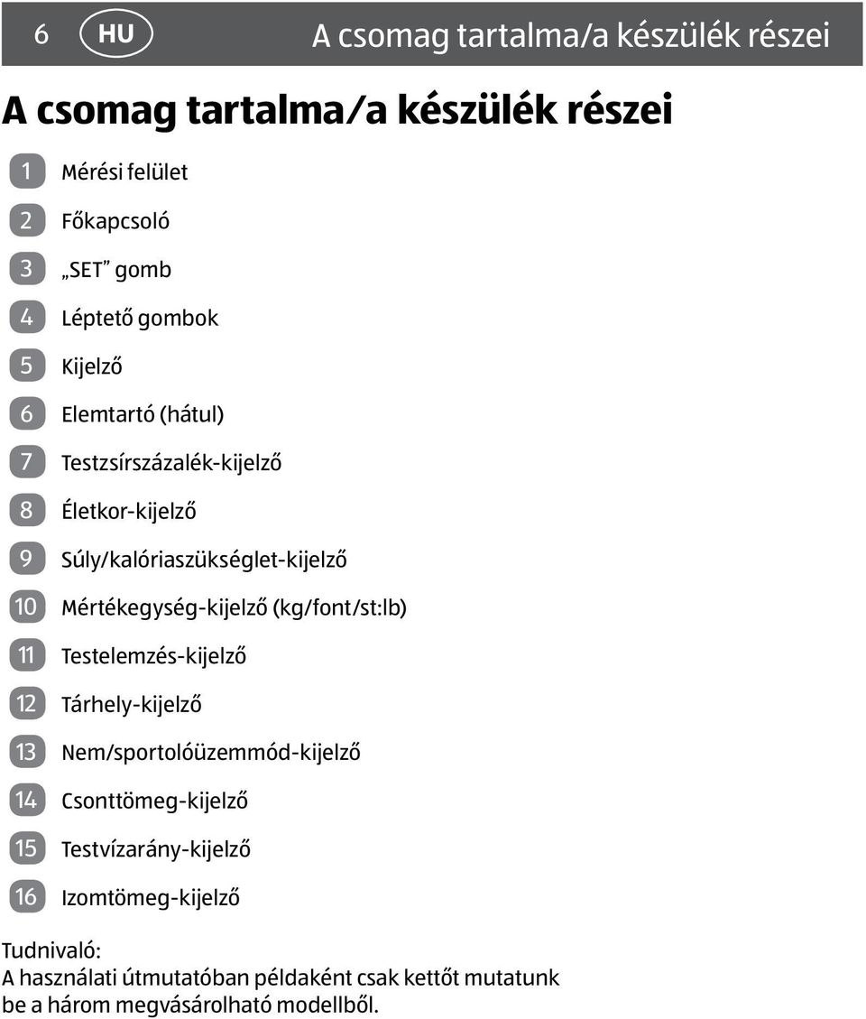 Mértékegység-kijelző (kg/font/st:lb) 11 Testelemzés-kijelző 12 Tárhely-kijelző 13 Nem/sportolóüzemmód-kijelző 14 Csonttömeg-kijelző