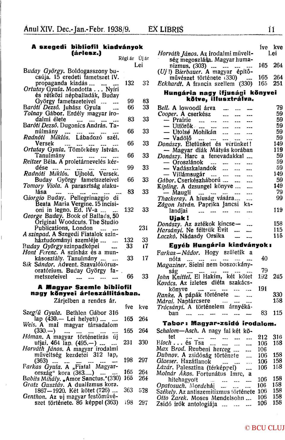 Erdély magyar irodalmi élete 83 33 Baróti Dezső. Dugonics András. Tanulmány 66 33 Radnóti Miklós. Lábadozó szél. Versek 66 33 Ortutay Gyula. Tömötkény István. Tanulmány 66 33 Reitzer Béla.