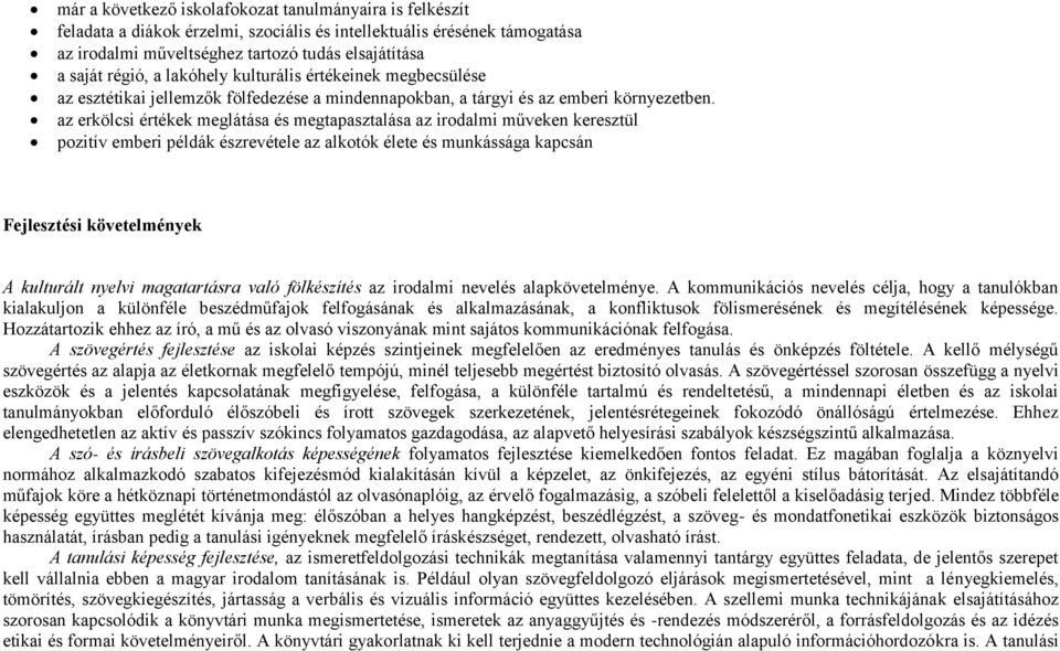 az erkölcsi értékek meglátása és megtapasztalása az irodalmi műveken keresztül pozitív emberi példák észrevétele az alkotók élete és munkássága kapcsán Fejlesztési követelmények A kulturált nyelvi