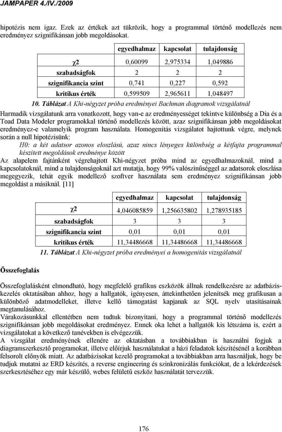 Táblázat A Khi-négyzet próba eredményei Bachman diagramok vizsgálatnál Harmadik vizsgálatunk arra vonatkozott, hogy van-e az eredményességet tekintve különbség a Dia és a Toad Data Modeler