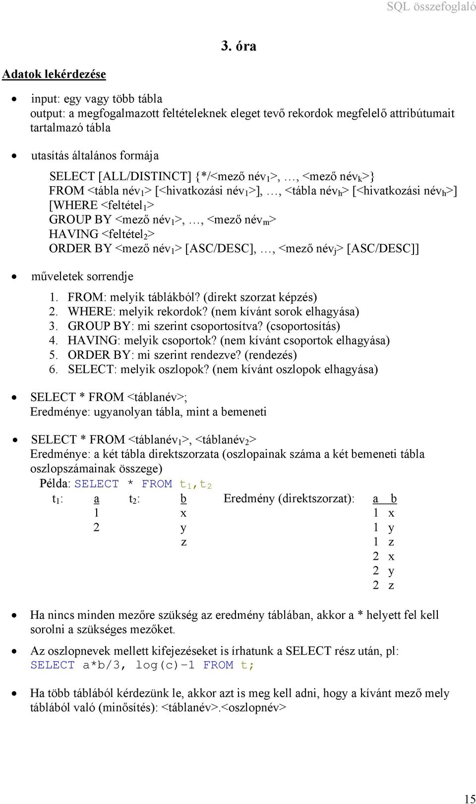 <feltétel 2 > ORDER BY <mező név 1 > [ASC/DESC],, <mező név j > [ASC/DESC]] műveletek sorrendje 1. FROM: melyik táblákból? (direkt szorzat képzés) 2. WHERE: melyik rekordok?