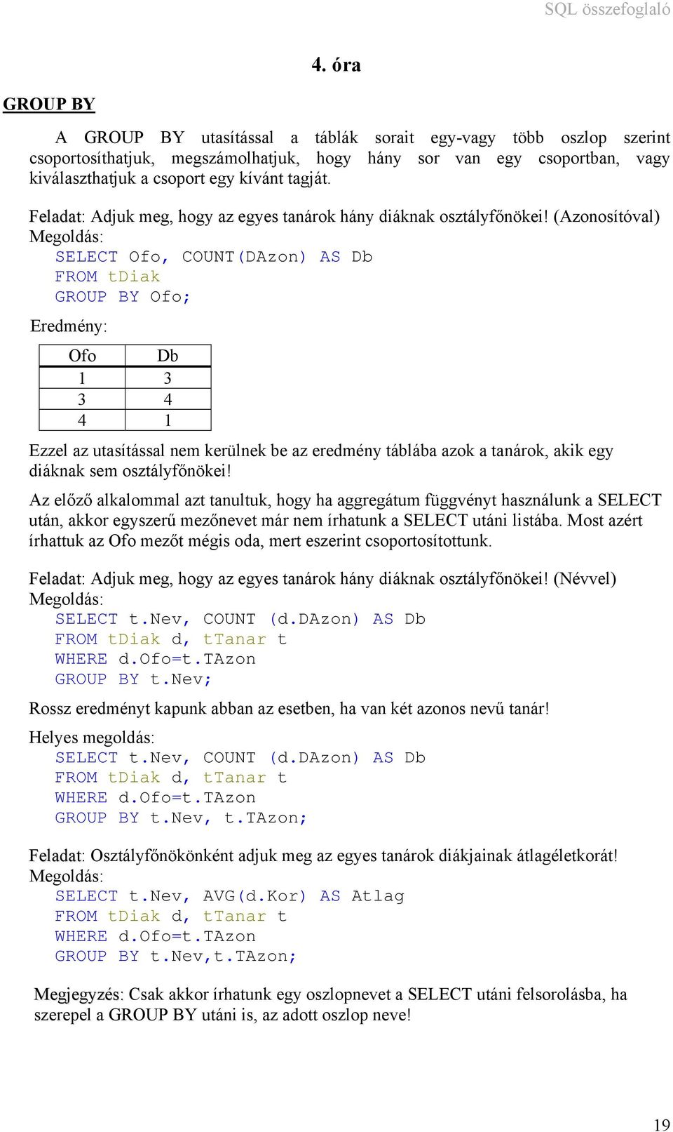 (Azonosítóval) Megoldás: SELECT Ofo, COUNT(DAzon) AS Db FROM tdiak GROUP BY Ofo; Eredmény: Ofo Db 1 3 3 4 4 1 Ezzel az utasítással nem kerülnek be az eredmény táblába azok a tanárok, akik egy diáknak