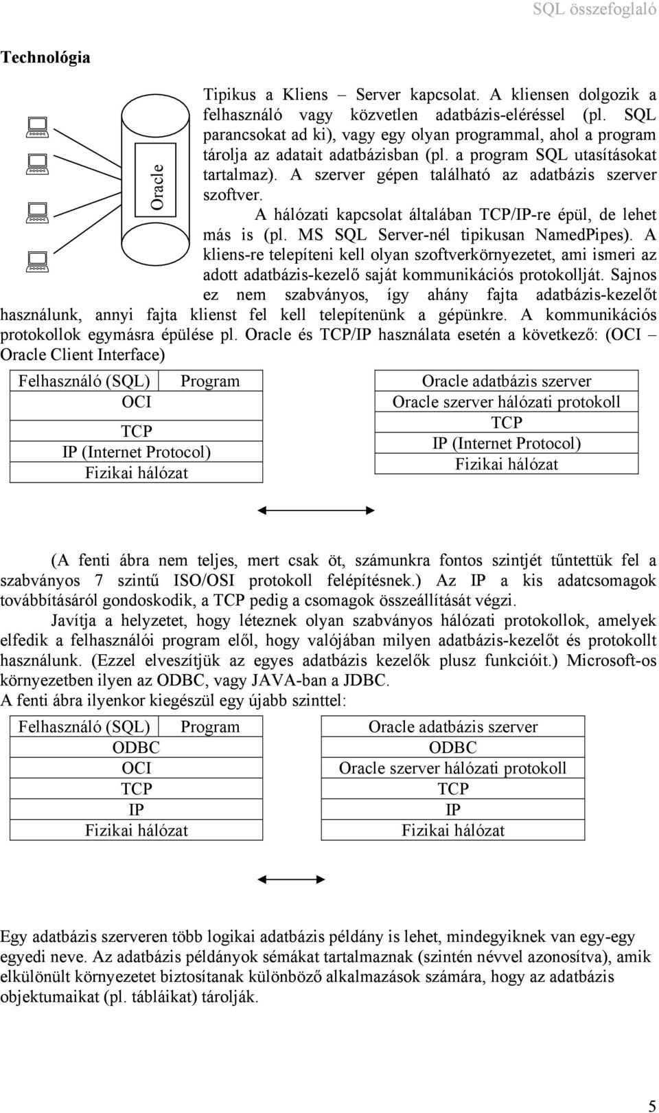 A hálózati kapcsolat általában TCP/IP-re épül, de lehet más is (pl. MS SQL Server-nél tipikusan NamedPipes).