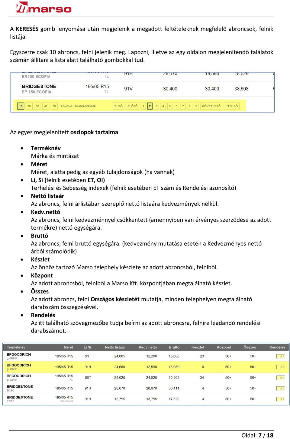 Az egyes megjelenített oszlopok tartalma: Terméknév Márka és mintázat Méret Méret, alatta pedig az egyéb tulajdonságok (ha vannak) Li, Si (felnik esetében ET, OI) Terhelési és Sebesség indexek