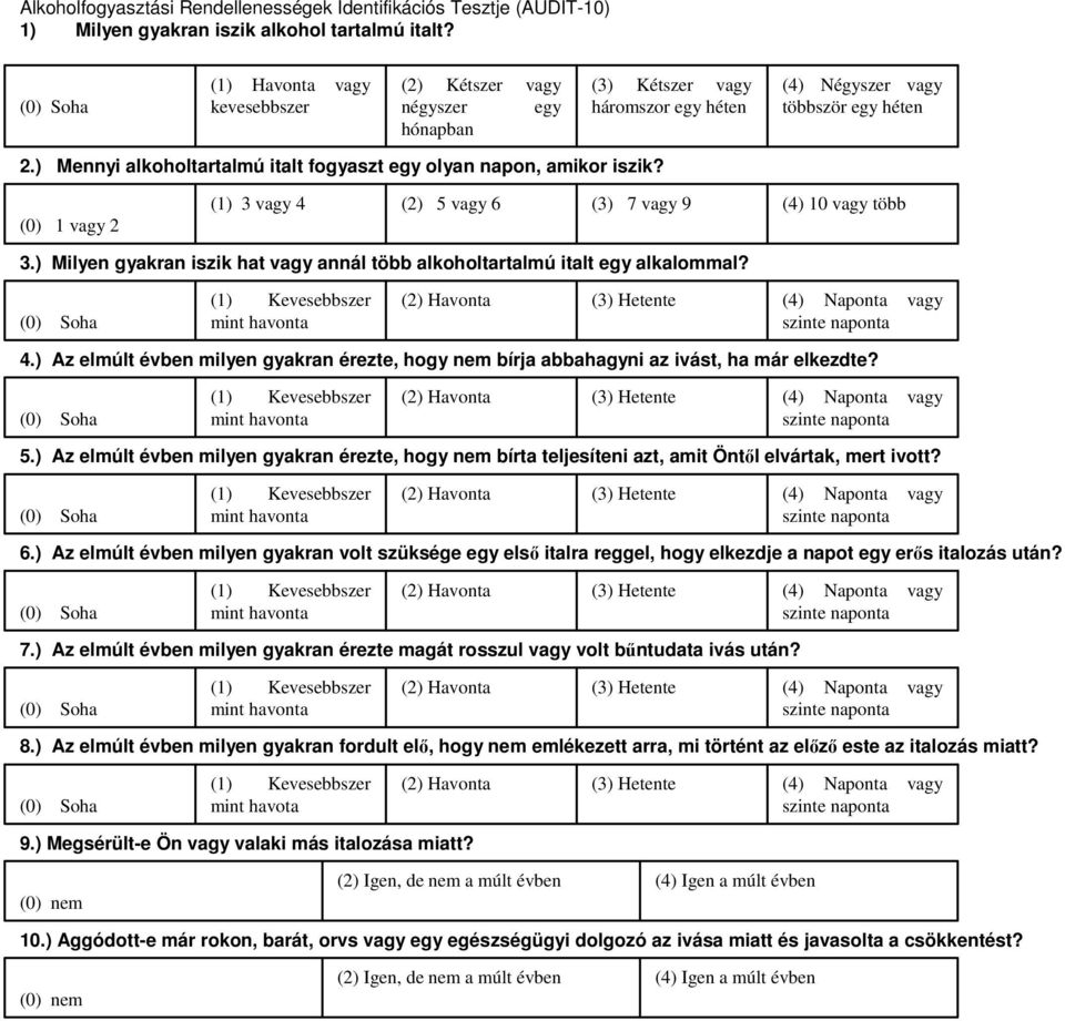 ) Mennyi alkoholtartalmú italt fogyaszt egy olyan napon, amikor iszik? (0) 1 vagy 2 (1) 3 vagy 4 (2) 5 vagy 6 (3) 7 vagy 9 (4) 10 vagy több 3.