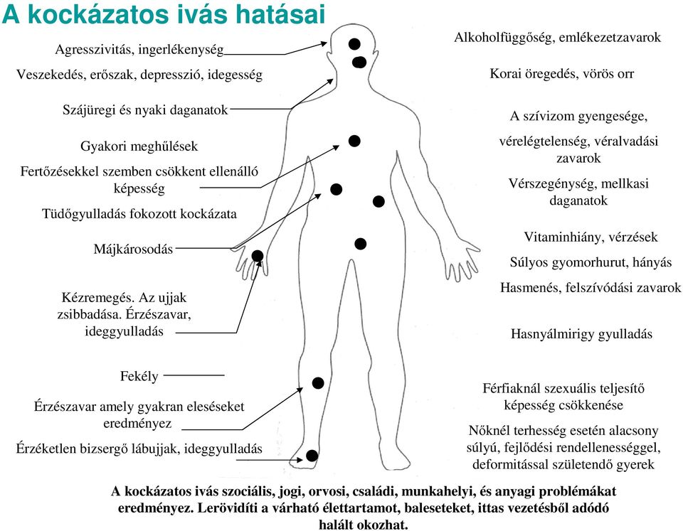 Érzészavar, ideggyulladás Alkoholfüggıség, emlékezetzavarok Korai öregedés, vörös orr A szívizom gyengesége, vérelégtelenség, véralvadási zavarok Vérszegénység, mellkasi daganatok Vitaminhiány,