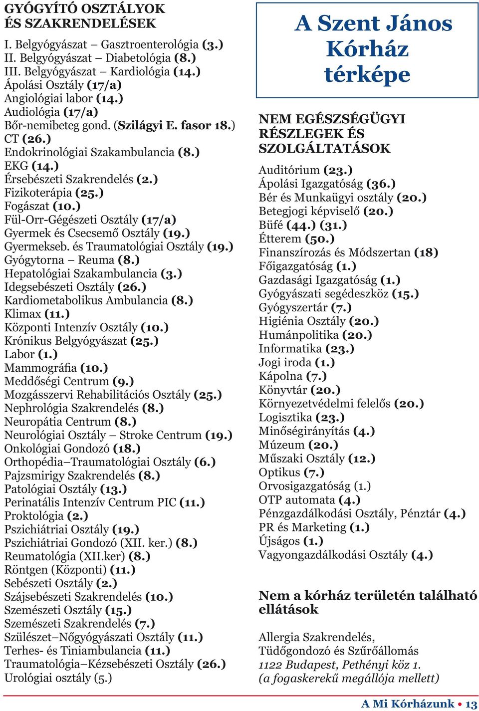 ) Fül-Orr-Gégészeti Osztály (17/a) Gyermek és Csecsemő Osztály (19.) Gyermekseb. és Traumatológiai Osztály (19.) Gyógytorna Reuma (8.) Hepatológiai Szakambulancia (3.) Idegsebészeti Osztály (26.