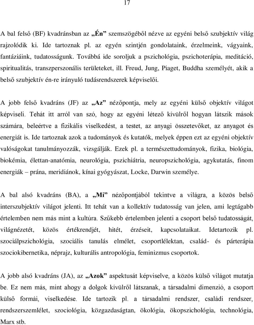 Freud, Jung, Piaget, Buddha személyét, akik a belső szubjektív én-re irányuló tudásrendszerek képviselői. A jobb felső kvadráns (JF) az Az nézőpontja, mely az egyéni külső objektív világot képviseli.