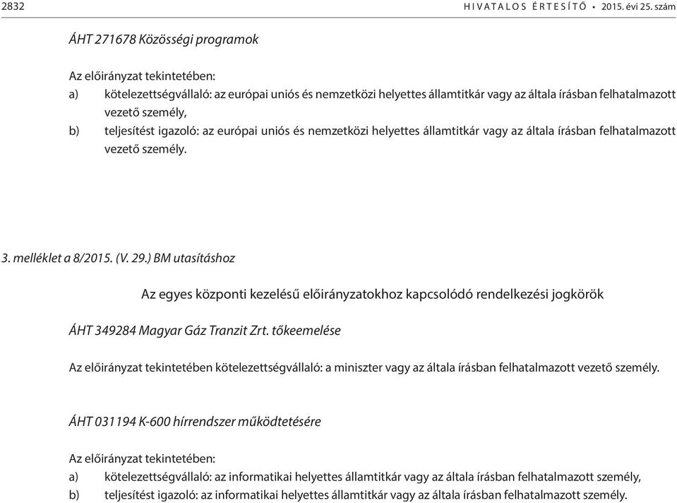 teljesítést igazoló: az európai uniós és nemzetközi helyettes államtitkár vagy az általa írásban felhatalmazott vezető személy. 3. melléklet a 8/2015. (V. 29.