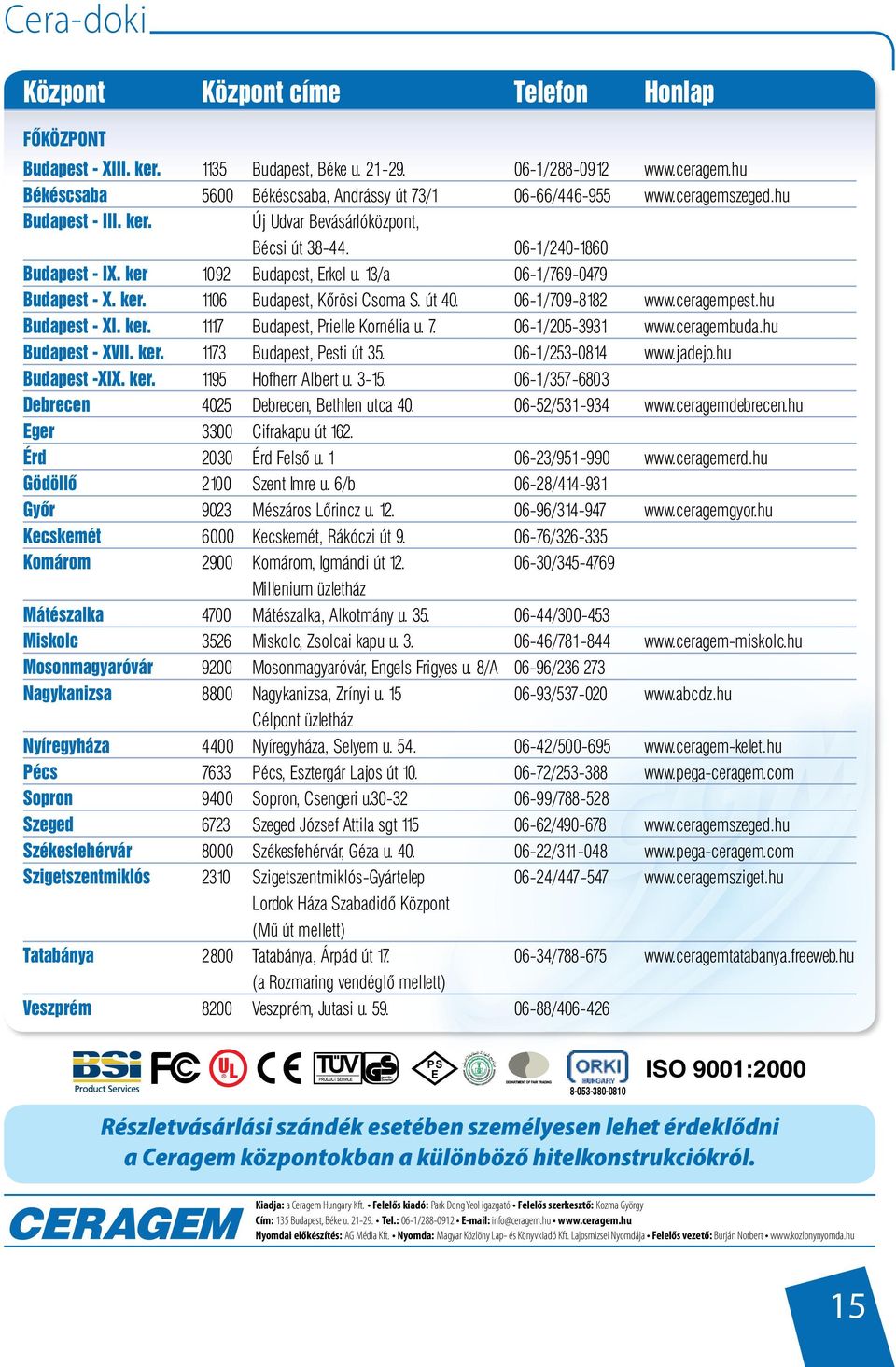 út 40. 06-1/709-8182 www.ceragempest.hu Budapest - XI. ker. 1117 Budapest, Prielle Kornélia u. 7. 06-1/205-3931 www.ceragembuda.hu Budapest - XVII. ker. 1173 Budapest, Pesti út 35. 06-1/253-0814 www.