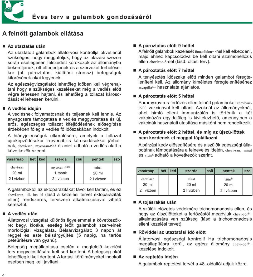 Az egészségvizsgálatot lehetőleg időben kell végrehajtani hogy a szükséges kezeléseket még a vedlés elött végre lehessen hajtani, és lehetőleg a tollazat károsodását el lehessen kerülni.