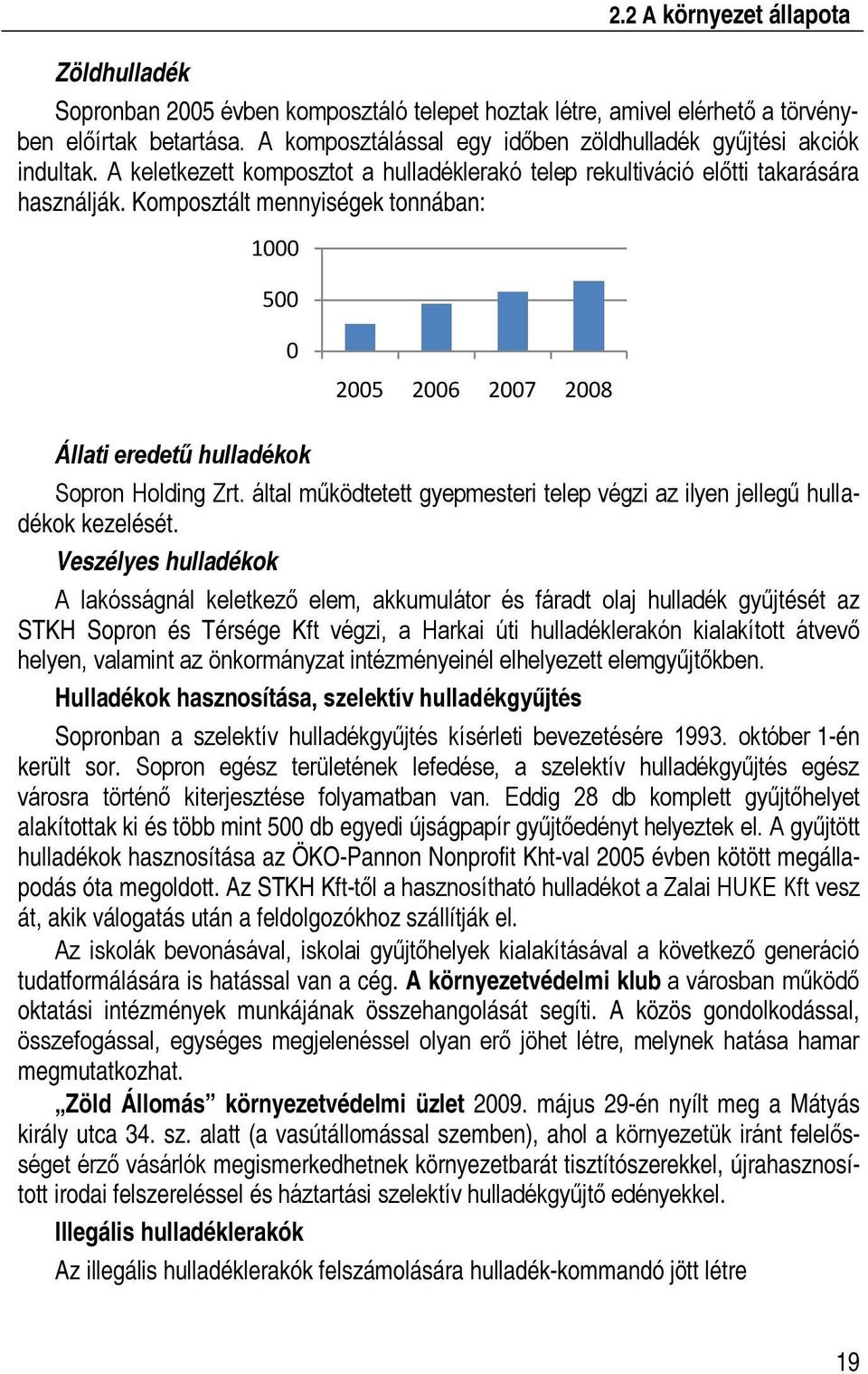 Komposztált mennyiségek tonnában: 1000 500 0 2005 2006 2007 2008 Állati eredetű hulladékok Sopron Holding Zrt. által működtetett gyepmesteri telep végzi az ilyen jellegű hulladékok kezelését.