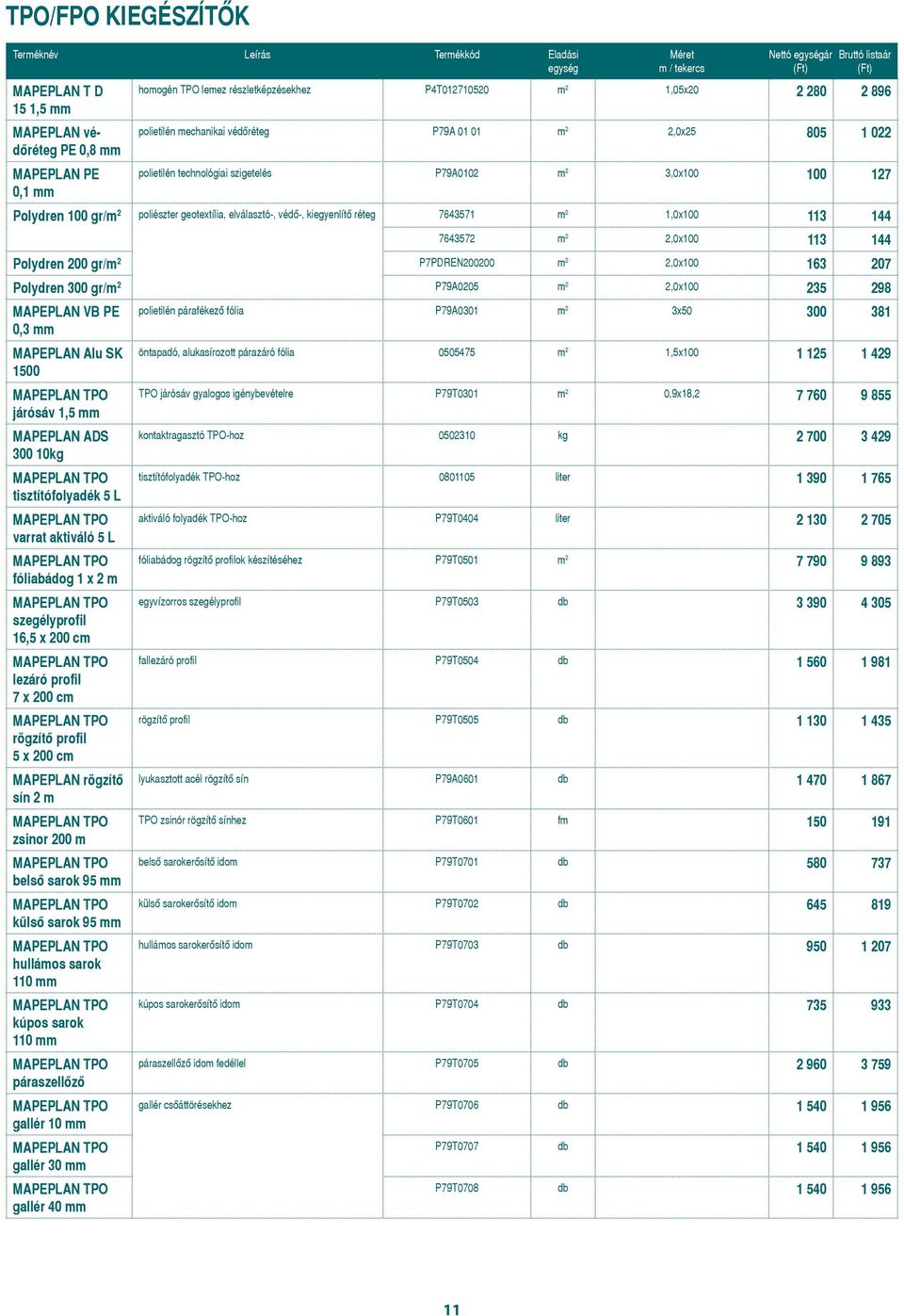 gr/m 2 poliészter geotextília, elválasztó-, védô-, kiegyenlítô réteg 7643571 m 2 1,0x100 113 144 7643572 m 2 2,0x100 113 144 Polydren 200 gr/m 2 P7PDREN200200 m 2 2,0x100 163 207 Polydren 300 gr/m 2