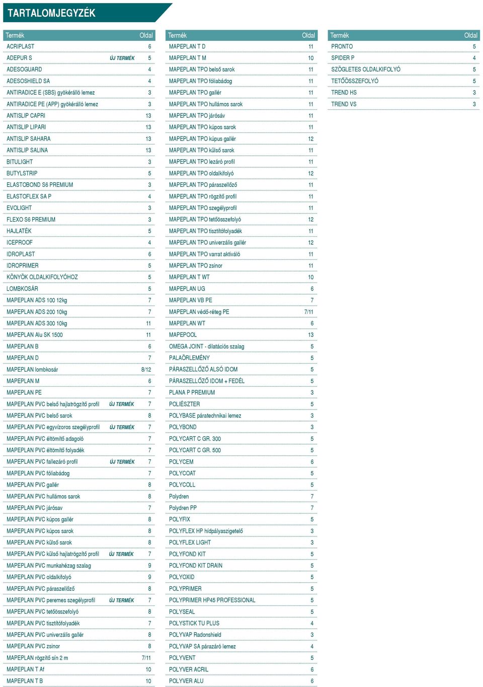 járósáv 11 ANTISLIP LIPARI 13 kúpos sarok 11 ANTISLIP SAHARA 13 kúpus gallér 12 ANTISLIP SALINA 13 külsô sarok 11 BITULIGHT 3 lezáró profil 11 BUTYLSTRIP 5 oldalkifolyó 12 ELASTOBOND S6 PREMIUM 3