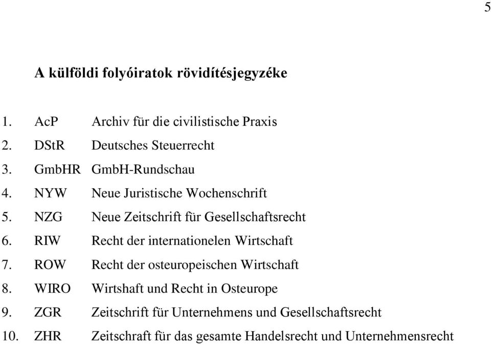 RIW Recht der internationelen Wirtschaft 7. ROW Recht der osteuropeischen Wirtschaft 8.