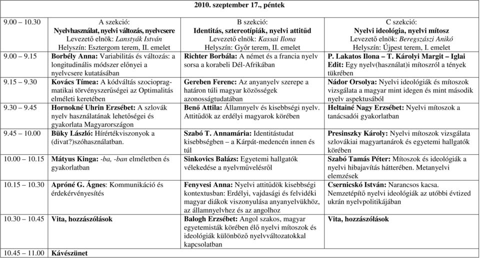 30 Kovács Tímea: A kódváltás szociopragmatikai törvényszerőségei az Optimalitás elméleti keretében 9.30 9.