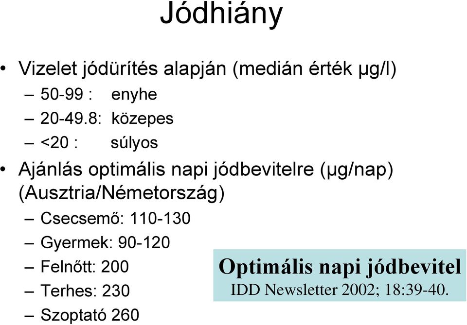 8: közepes <20 : súlyos Ajánlás optimális napi jódbevitelre (µg/nap)