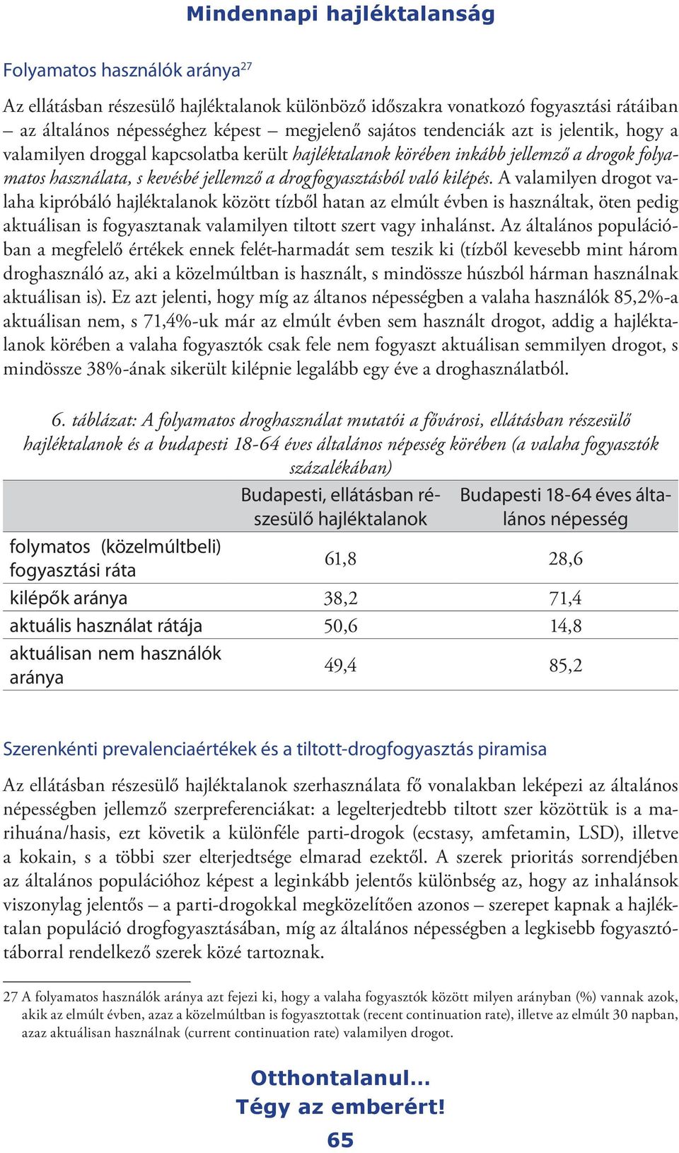 A valamilyen drogot valaha kipróbáló hajléktalanok között tízből hatan az elmúlt évben is használtak, öten pedig aktuálisan is fogyasztanak valamilyen tiltott szert vagy inhalánst.