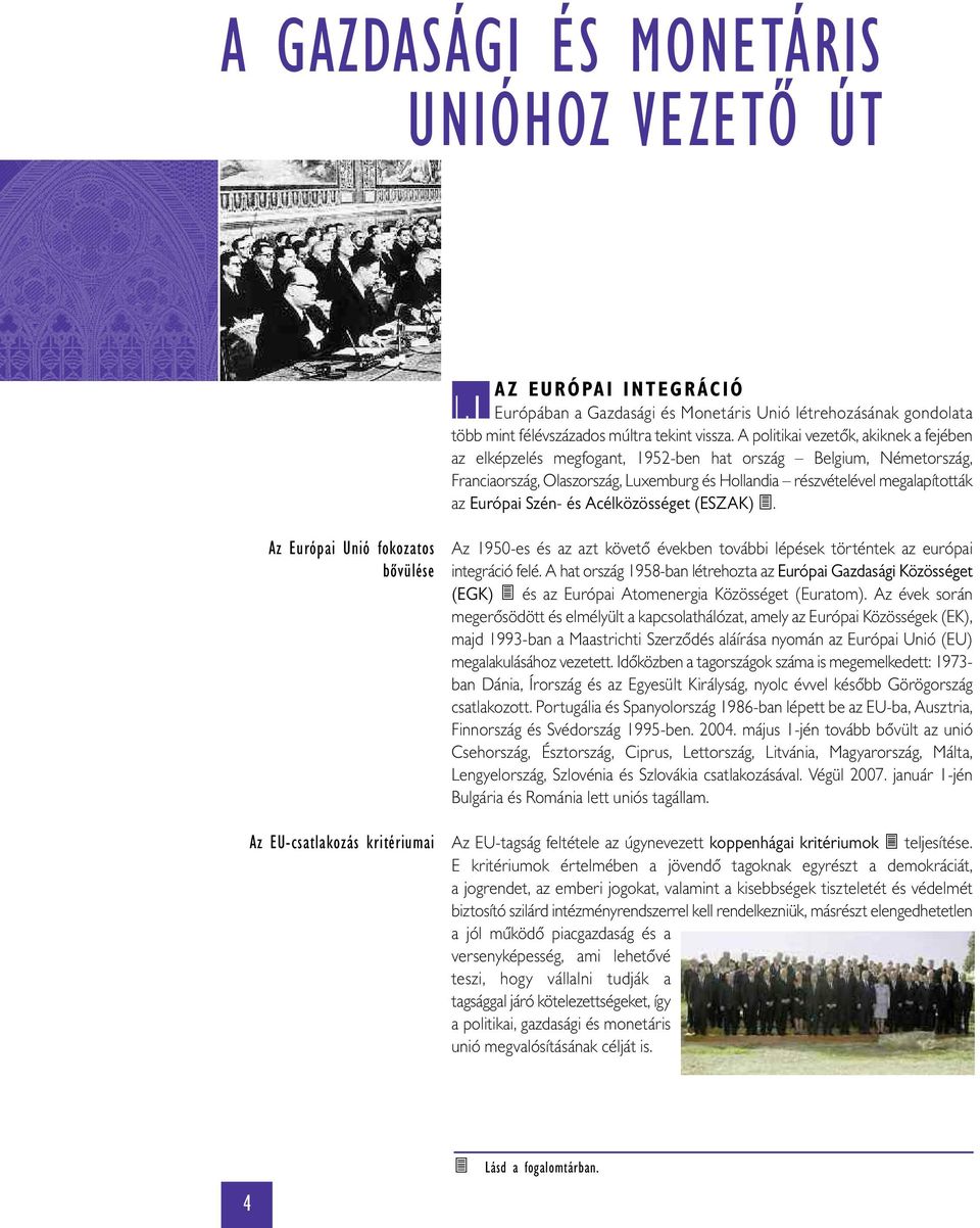 Szén- és Acélközösséget (ESZAK). Az Európai Unió fokozatos bővülése Az EU-csatlakozás kritériumai Az 1950-es és az azt követő években további lépések történtek az európai integráció felé.