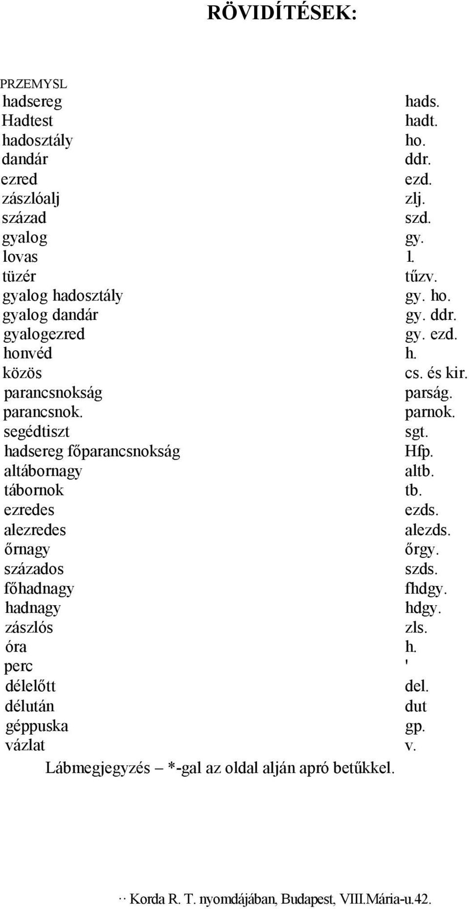 hadsereg főparancsnokság Hfp. altábornagy altb. tábornok tb. ezredes ezds. alezredes alezds. őrnagy őrgy. százados szds. főhadnagy fhdgy. hadnagy hdgy.