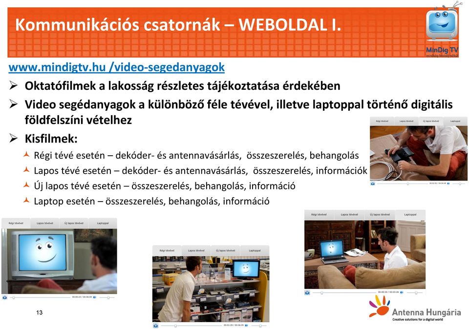 illetve laptoppal történő digitális földfelszíni vételhez Kisfilmek: Régi tévé esetén dekóder- és antennavásárlás,