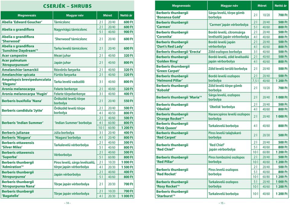 Amelanchier lamarckii Rézvörös fanyarka 2 l 40/60 320 Ft Amelanchier spicata Fürtös fanyarka 2 l 40/60 320 Ft Ampelopsis brevipedunculata Elegans Tarka levelű vadszőlő 3 l 40/60 800 Ft Aronia