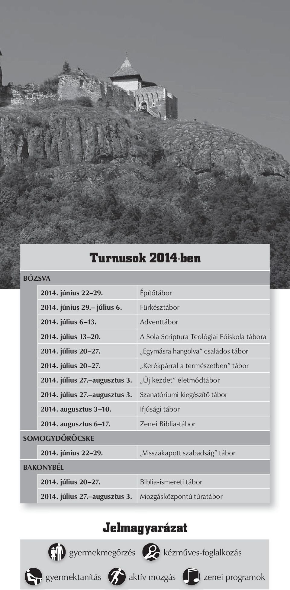 Új kezdet életmódtábor 2014. július 27. augusztus 3. Szanatóriumi kiegészítő tábor 2014. augusztus 3 10. Ifjúsági tábor 2014. augusztus 6 17. Zenei Biblia-tábor SOMOGYDÖRÖCSKE 2014.