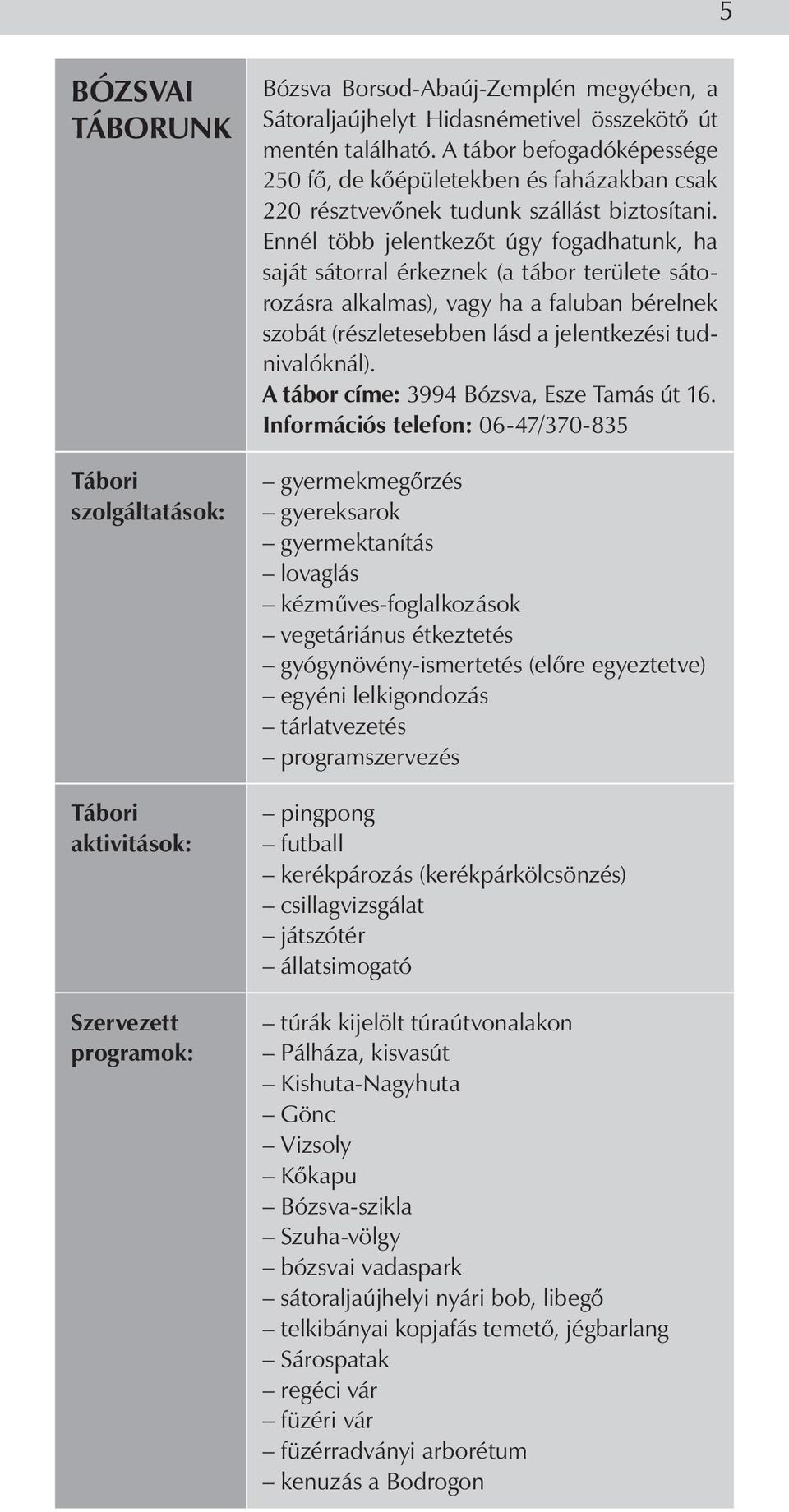 Ennél több jelentkezőt úgy fogadhatunk, ha saját sátorral érkeznek (a tábor területe sátorozásra alkalmas), vagy ha a faluban bérelnek szobát (részletesebben lásd a jelentkezési tudnivalóknál).