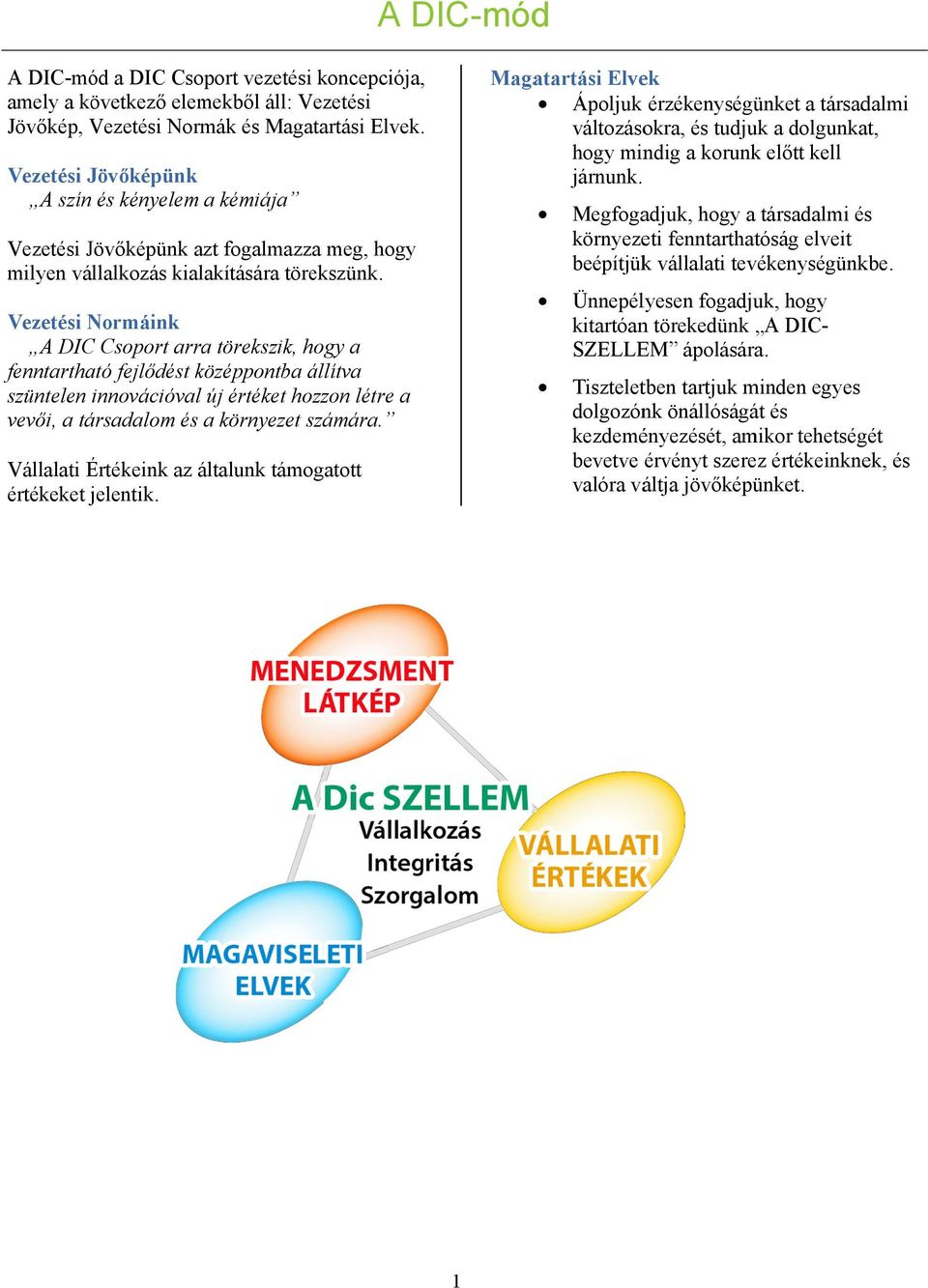 Vezetési Normáink A DIC Csoport arra törekszik, hogy a fenntartható fejlődést középpontba állítva szüntelen innovációval új értéket hozzon létre a vevői, a társadalom és a környezet számára.