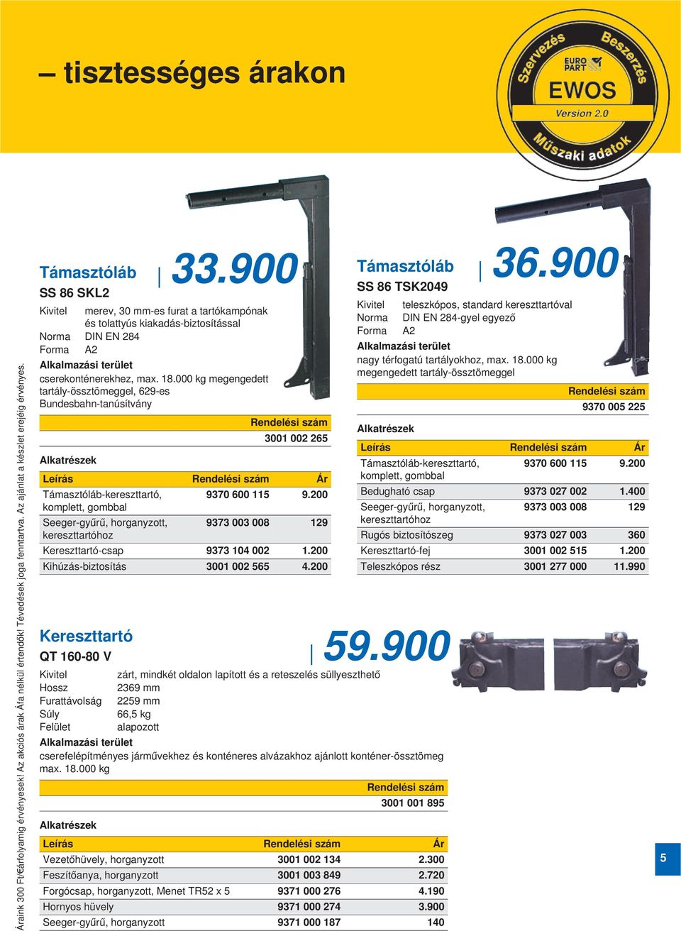 000 kg megengedett tartály-össztömeggel, 629-es Bundesbahn-tanúsítvány 3001 002 265 Leírás Ár Támasztóláb-kereszttartó, 9370 600 115 9.