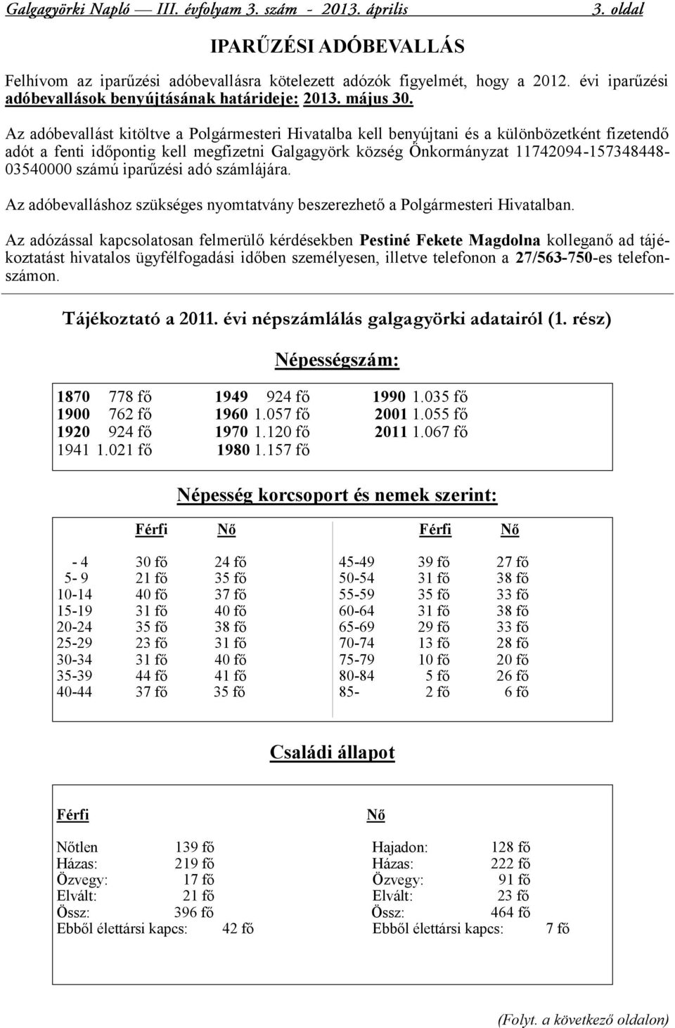 számú iparűzési adó számlájára. Az adóbevalláshoz szükséges nyomtatvány beszerezhető a Polgármesteri Hivatalban.