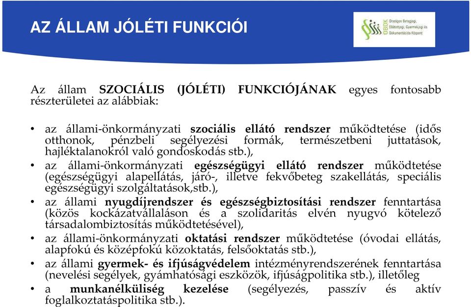 ), az állami-önkormányzati egészségügyi ellátó rendszer működtetése (egészségügyi alapellátás, járó-, illetve fekvőbeteg szakellátás, speciális egészségügyi szolgáltatások,stb.